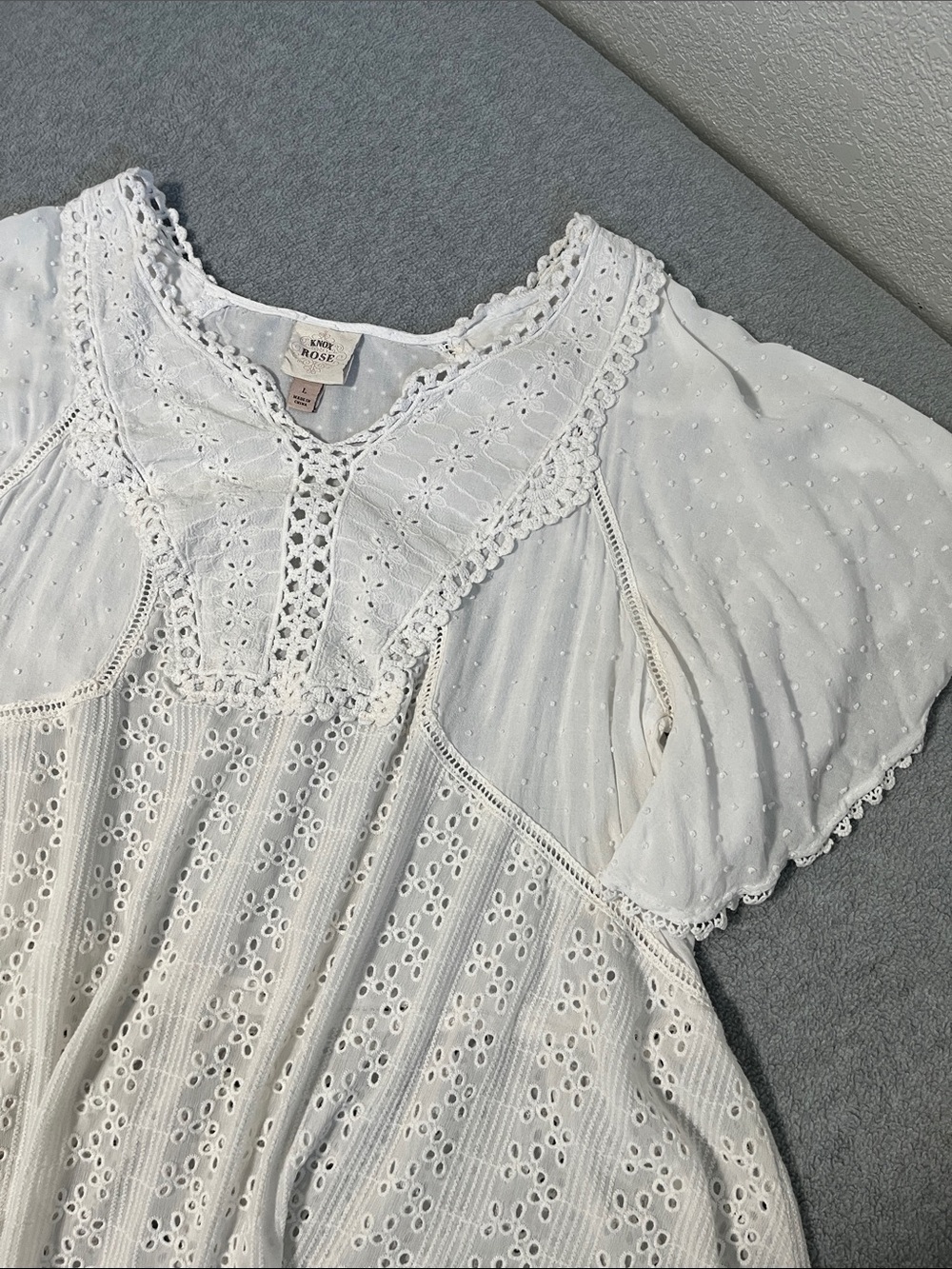 Boho White Eyelet Top Large Sheer Flowy Coastal Cottage Beachie - Picture 2 of 11